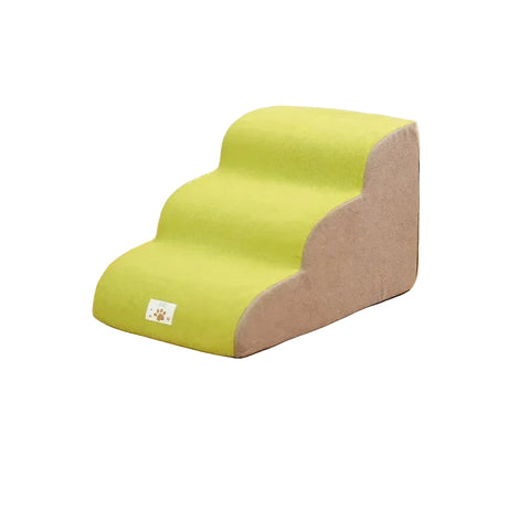 Green three-step pet stairs with soft fabric covering for dogs and cats to reach beds and sofas