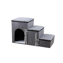 Grey three-step pet stairs with padded steps and a built-in enclosed pet house