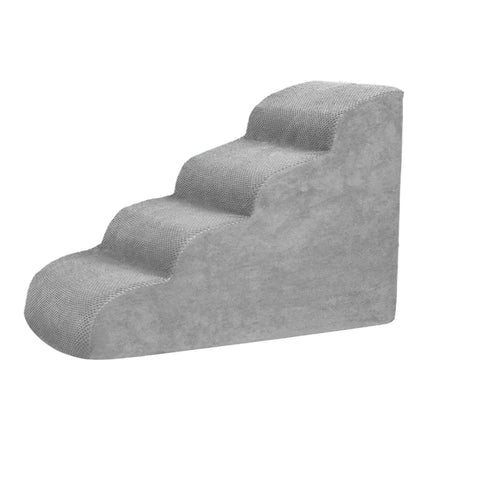 Grey four-step foam dog stairs with a soft textured cover for easier access to beds and sofas