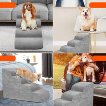 Grey foam dog stairs shown in use beside a sofa, chair, bed and car for easier pet access