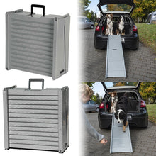 Grey foldable dog ramp with carry handle shown helping dogs enter and exit a car boot
