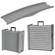 Grey foldable dog ramp shown open and folded, with a ridged non-slip surface and built-in carry handle
