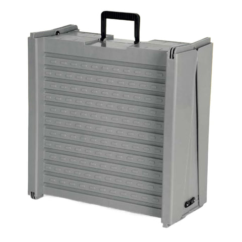 Grey foldable dog ramp with a ridged non-slip surface and built-in carry handle for transport and storage