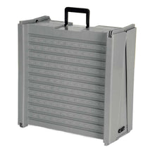 Grey foldable dog ramp with a ridged non-slip surface and built-in carry handle for transport and storage