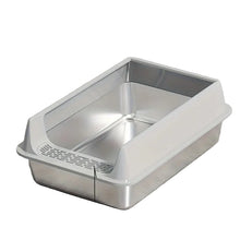 Grey high-sided stainless steel cat litter box with low front entry and open-top design