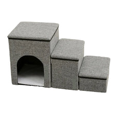 Grey fabric pet stairs with three padded steps and a built-in enclosed cat house for resting and climbing