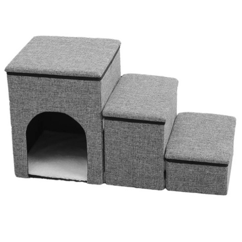 Grey fabric pet stairs with three padded steps and a built-in enclosed cat house
