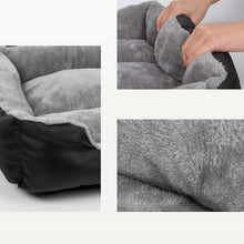 Close-up views of a grey plush dog bed showing the soft fleece lining, padded raised sides and cushioned construction