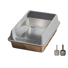 Grey stainless steel cat litter box with high sides, low entry and two litter scoops