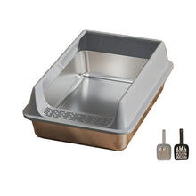 Grey high-sided stainless steel cat litter box with a low front entry and two litter scoop options shown beside it