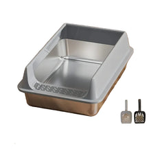 Grey high-sided stainless steel cat litter box with splash guard and two litter scoops