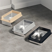 Three high-sided stainless steel cat litter boxes in beige, grey and black colour options