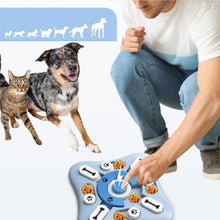 Interactive dog and cat puzzle feeder with treat compartments and push button for training and mental enrichment