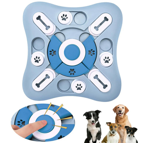 Blue interactive dog puzzle toy with sliding treat compartments and central push button for enrichment and mental stimulation