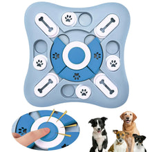 Blue interactive dog puzzle toy with sliding treat compartments and central push button for enrichment and mental stimulation