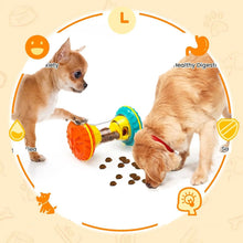 Two dogs using an interactive treat dispenser toy with kibble, shown with icons representing feeding, enrichment and digestion benefits