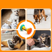 Interactive dog treat dispenser toy shown with dogs chewing household items, eating and displaying common boredom-related behaviours