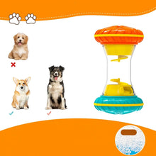 Interactive dog treat dispenser toy with orange and blue textured ends, shown as suitable for medium and large dogs.