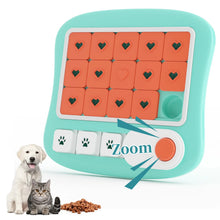 Interactive pet puzzle feeder with sliding treat compartments and push button for dogs and cats