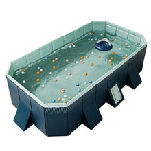 Large rectangular dog swimming pool with reinforced side panels, support legs, water and floating toys
