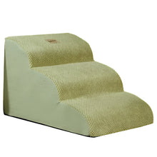 Light green three-step pet stairs with textured fabric covering for dogs and cats to reach beds and sofas
