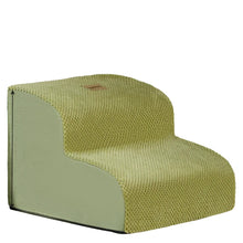 Light green two-step pet stairs with textured fabric covering for dogs and cats to reach beds and sofas