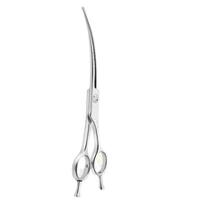 Long curved silver dog grooming scissors with ergonomic finger rings for shaping and trimming pet coats
