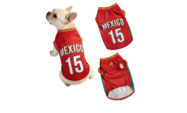 French Bulldog wearing a red Mexico 15 football-style dog jersey with green side panels, shown with front and back views