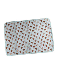 Quilted waterproof pet bed mat with a light blue mushroom print and padded surface