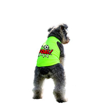 Small curly-haired dog wearing a neon green soccer-themed shirt with a GOAL graphic on the back