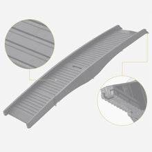 Grey foldable dog ramp with a ridged non-slip surface and raised side rails for safer pet access