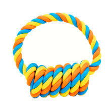 Blue yellow and orange braided rope ring toy