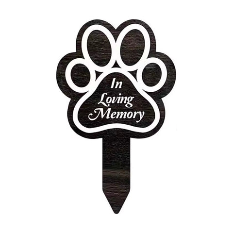 Black paw shaped memorial plaque with garden stake