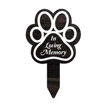 Black paw shaped memorial plaque with garden stake