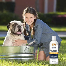 girl and dog modelling the shampoo