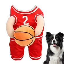 Red basketball dog costume shown from the back