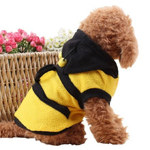Bee pet costume showing striped fleece design