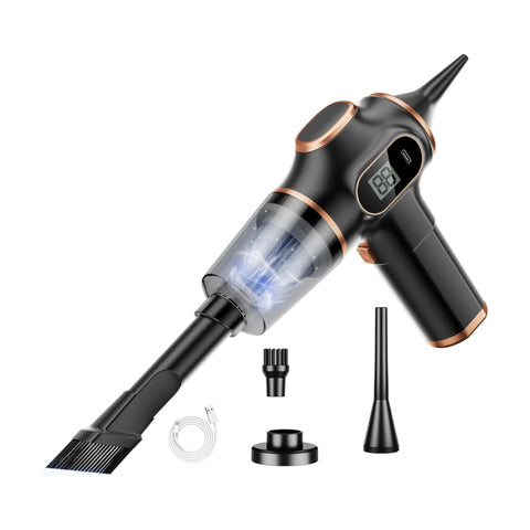 Black handheld vacuum cleaner with cable and interchangeable attachments