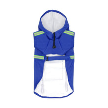Blue hooded dog raincoat with reflective strips
