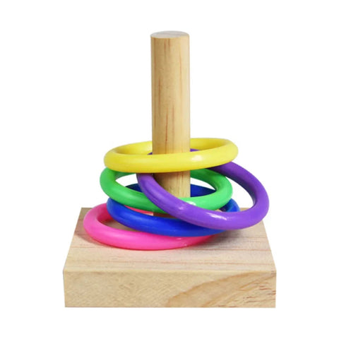 Wooden bird training stand with stacked coloured rings