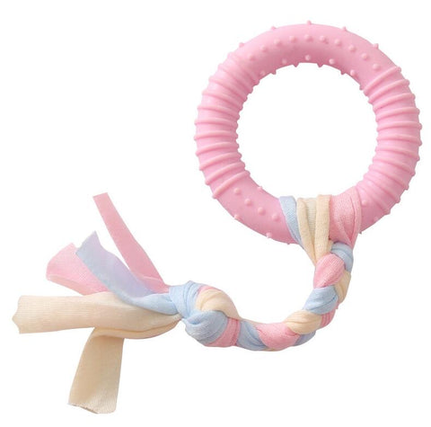 Pink bite-resistant rubber ring chew toy with cotton rope