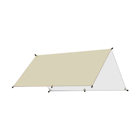 Khaki camping tarp shown in one pitched configuration