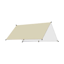 Khaki camping tarp shown in one pitched configuration