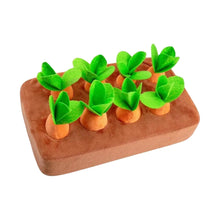 Eight plush carrots in a brown puzzle toy base