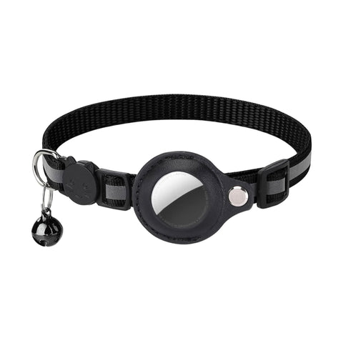 Black reflective cat collar with AirTag holder and bell