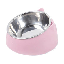 Pink 15 degree raised non-slip pet bowl with steel insert