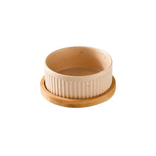 Ceramic Dog & Cat Bowl with Wooden Stand in 1-Bowl (Beige)