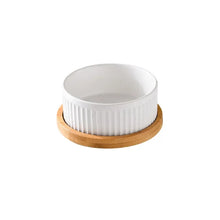 Ceramic Dog & Cat Bowl with Wooden Stand in 1-Bowl (White)