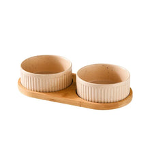 Ceramic Dog & Cat Bowl with Wooden Stand in 2-Bowl (Beige)