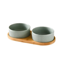 Ceramic Dog & Cat Bowl with Wooden Stand in 2-Bowl (Green)